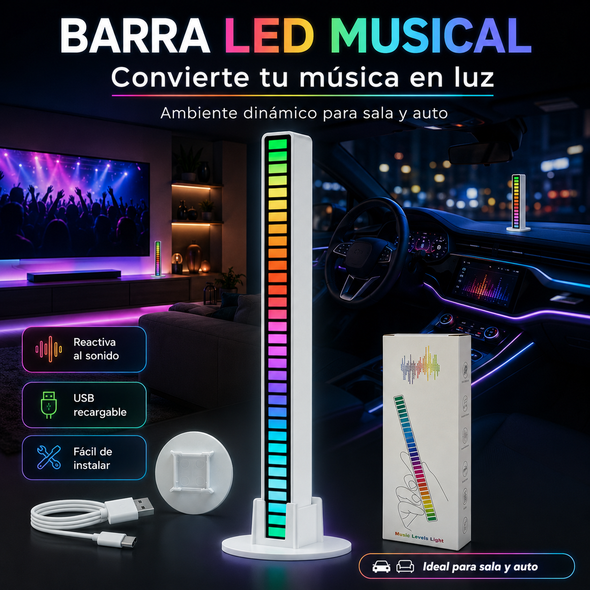 Barra led musical para auto e interiores