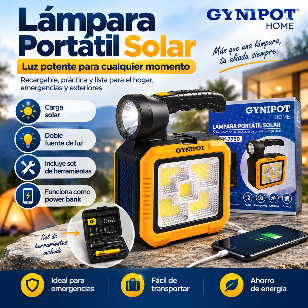 Lámpara portátil solar 3 en 1 + caja herramientas