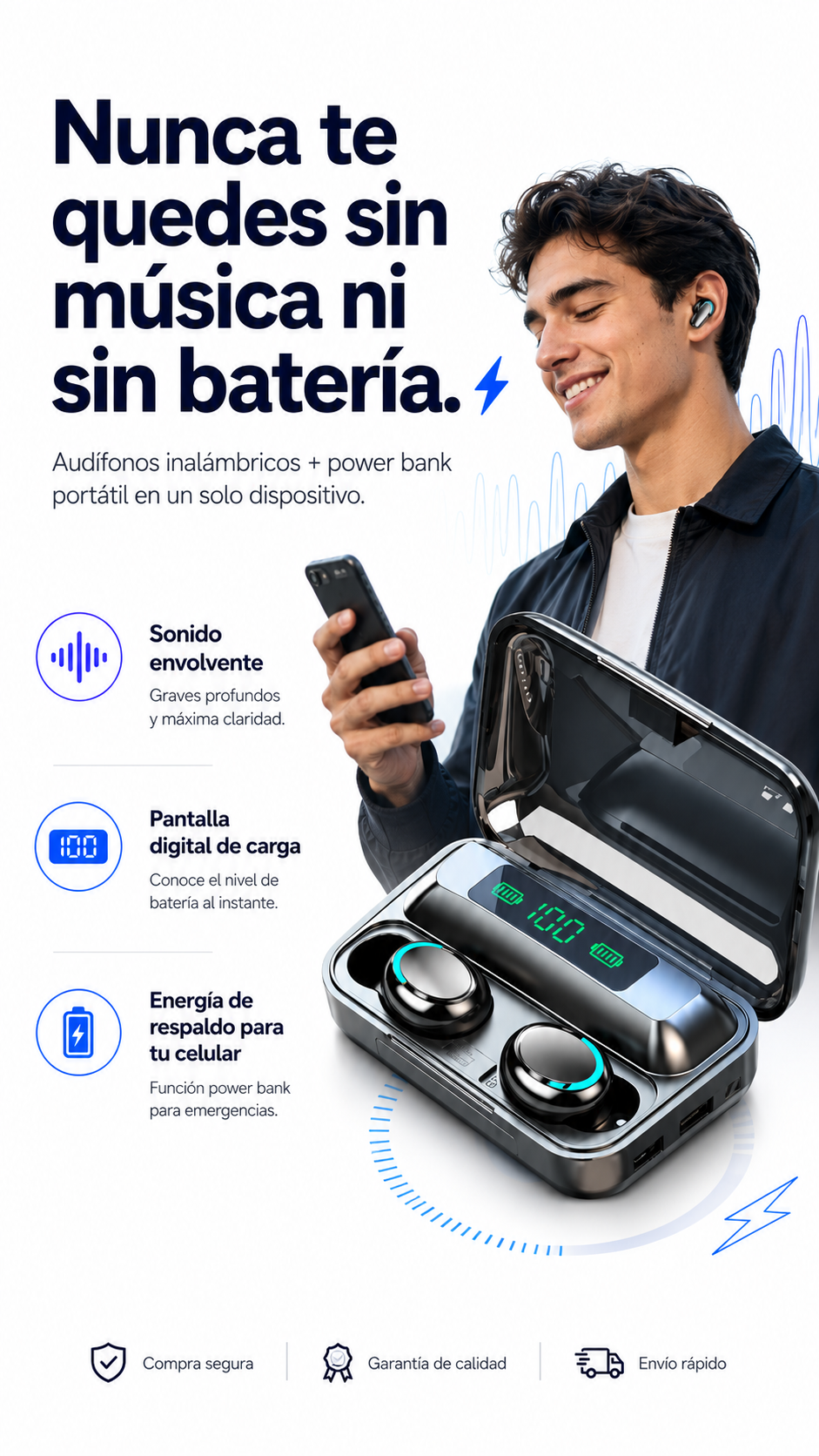 Audifonos con Bluetooh + power bank portátil