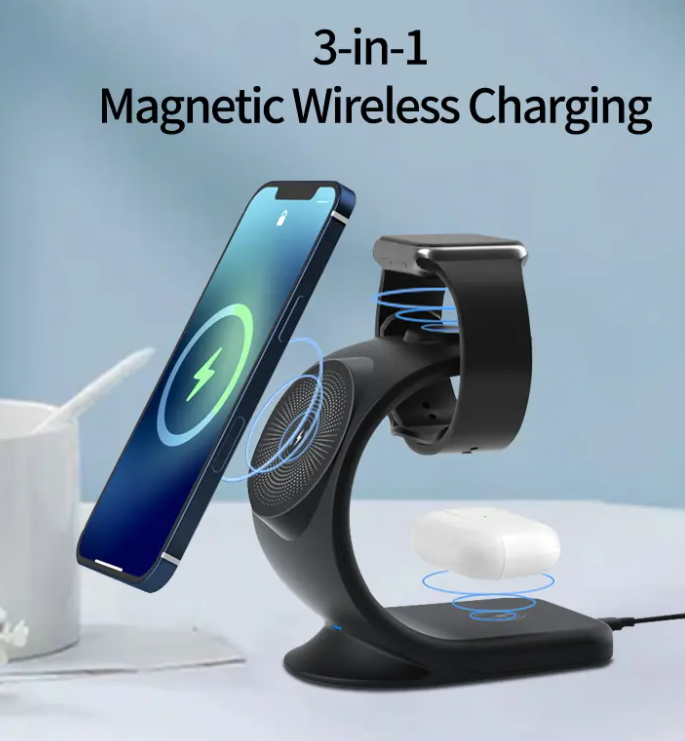 Elegant 15W universal Smart Phone magnetic Wireless Charger 3 in 1 Fast Charging Station With Apple watch for earphone